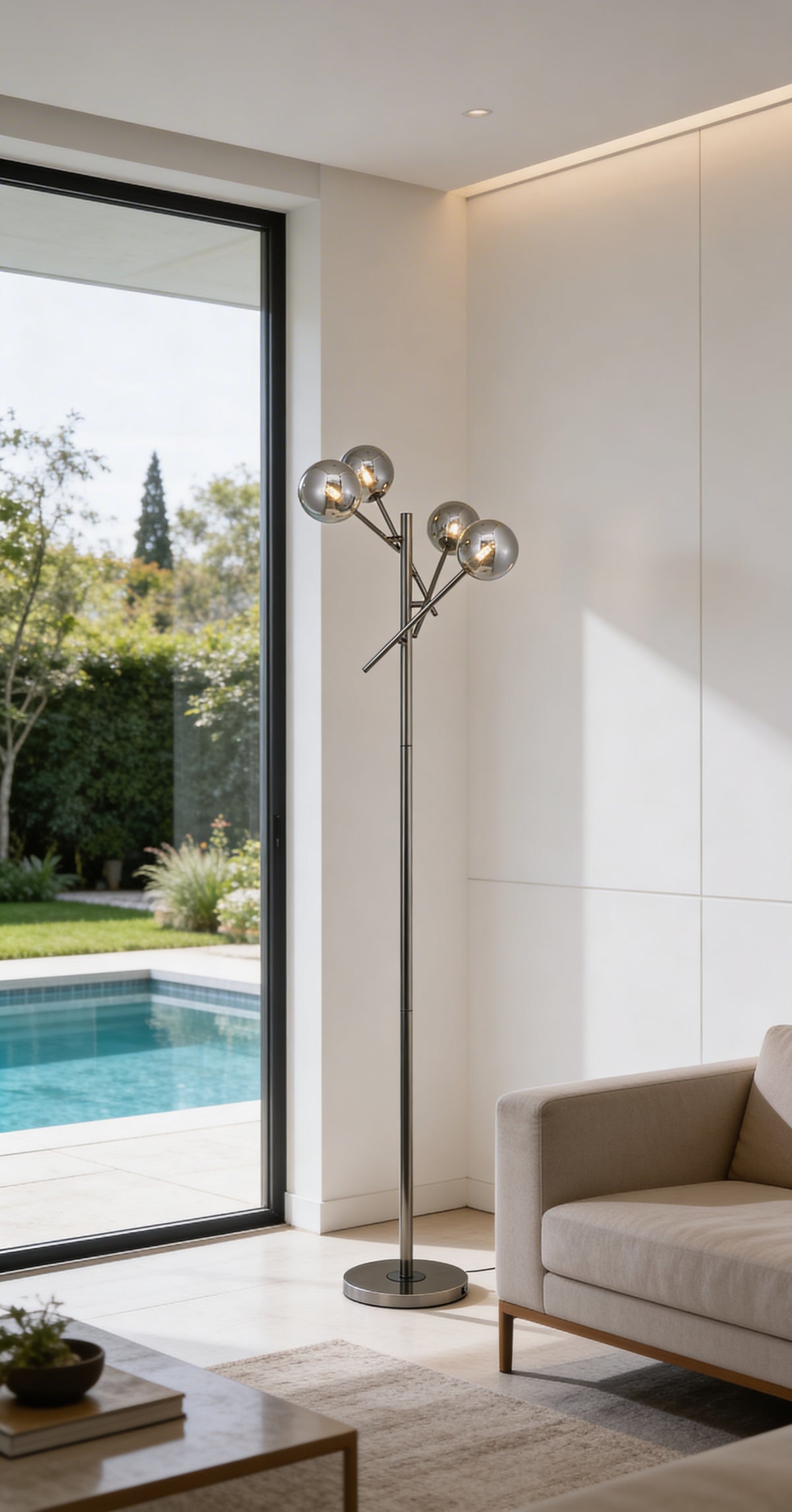 Lámpara de piso Cobalto instalada en ambiente, junto a sillón de lectura