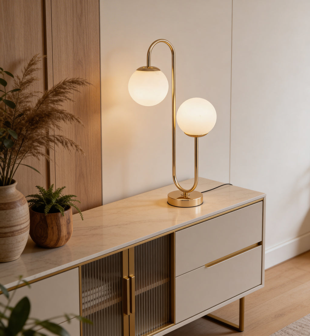Lámpara de mesa Perla instalada en ambiente, sobre consola