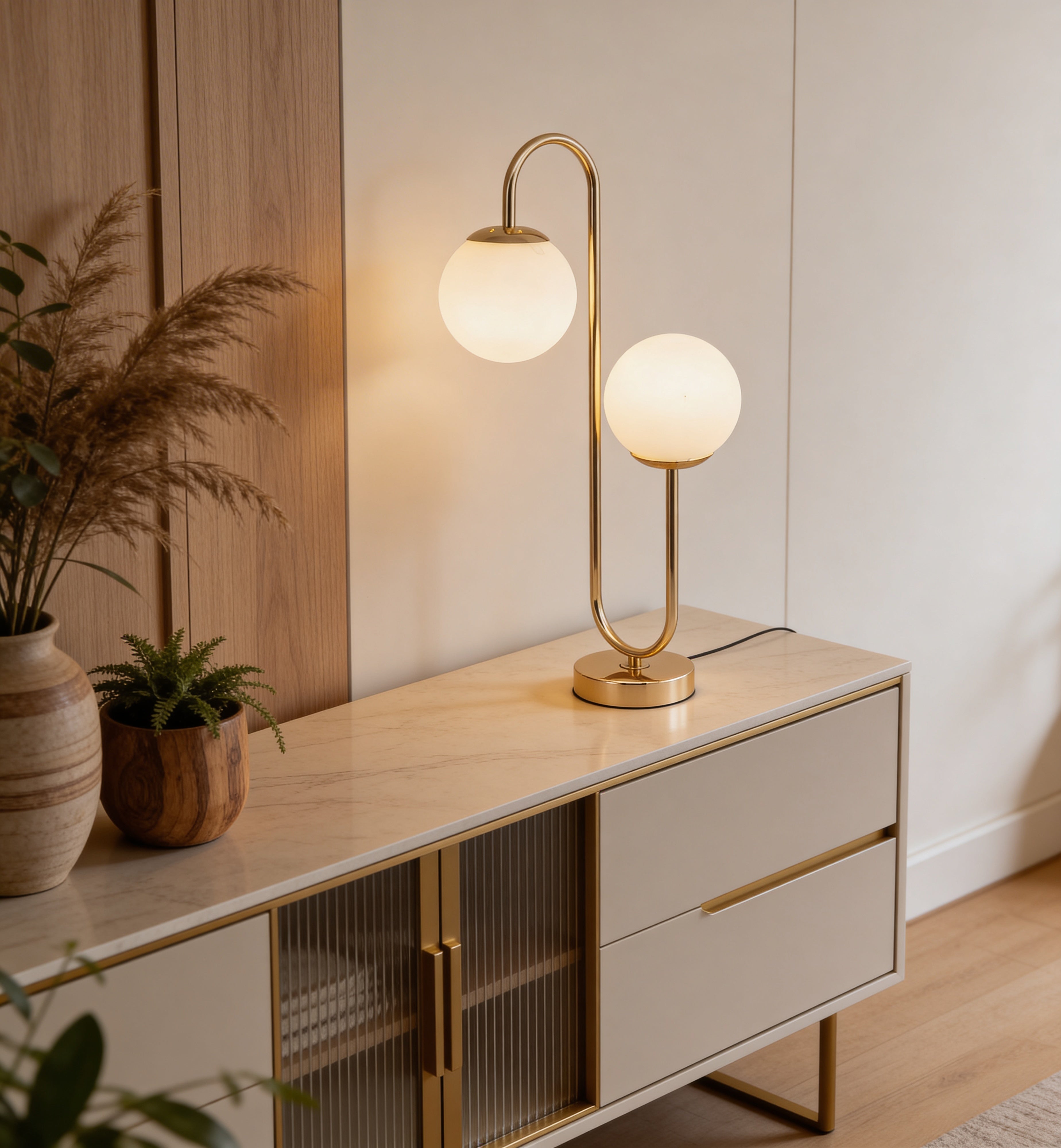 Lámpara de mesa Perla instalada en ambiente, sobre consola