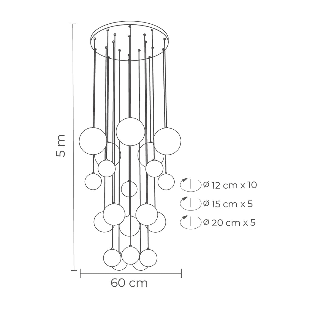 Candil colgante Elara, diagrama de dimensiones: 5 metros de altura regulable, 60 cm de diámetro, esferas de 12/15/20 cm