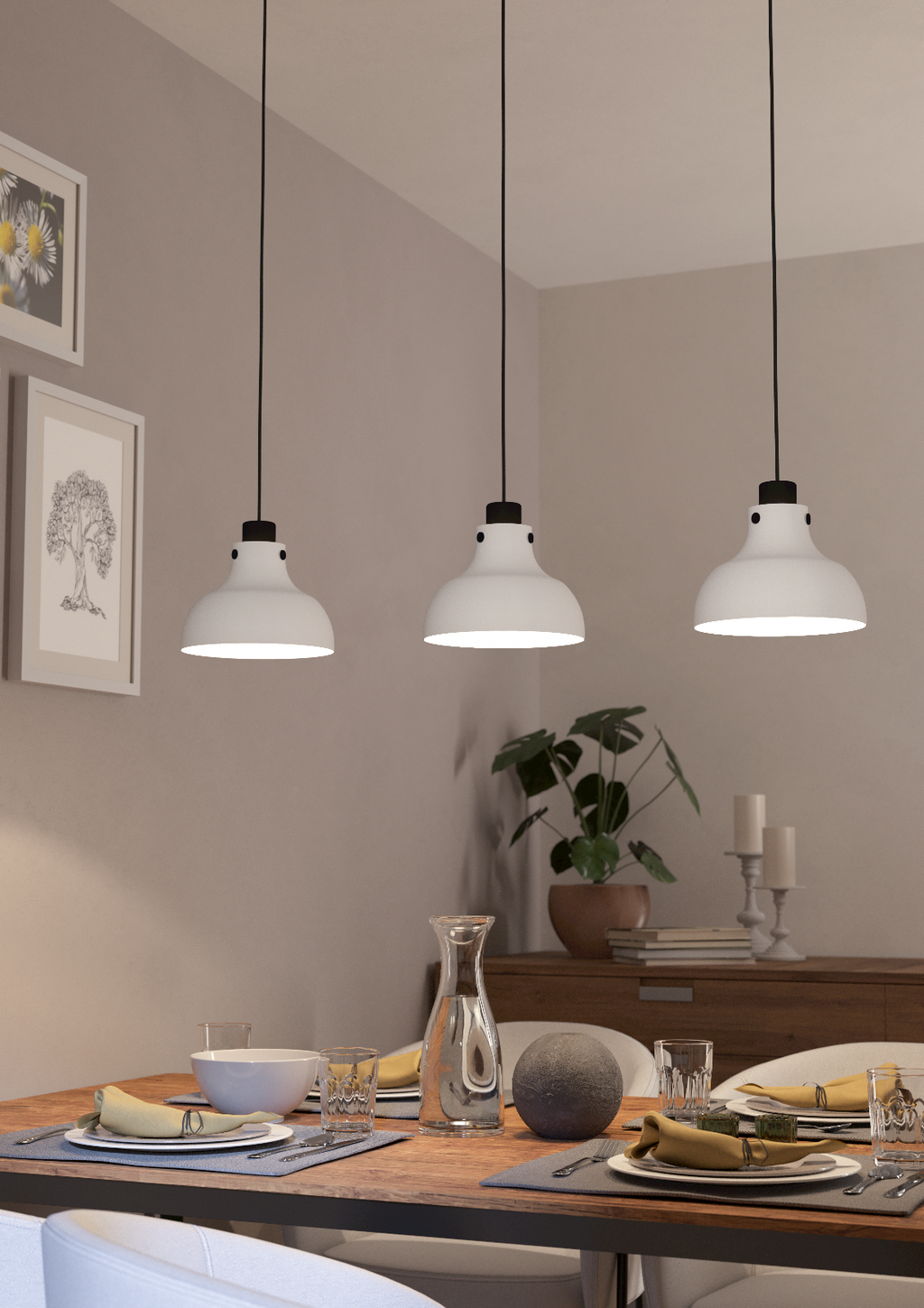 Lámpara colgante Solera cascada de 3 luces, instalada sobre mesa