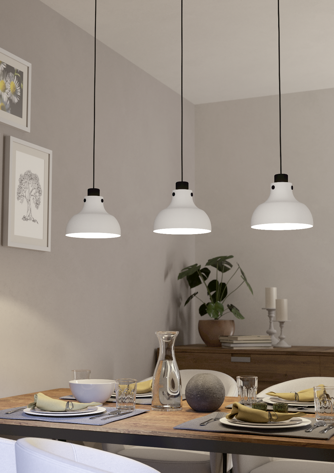 Lámpara colgante Solera cascada de 3 luces, instalada sobre mesa