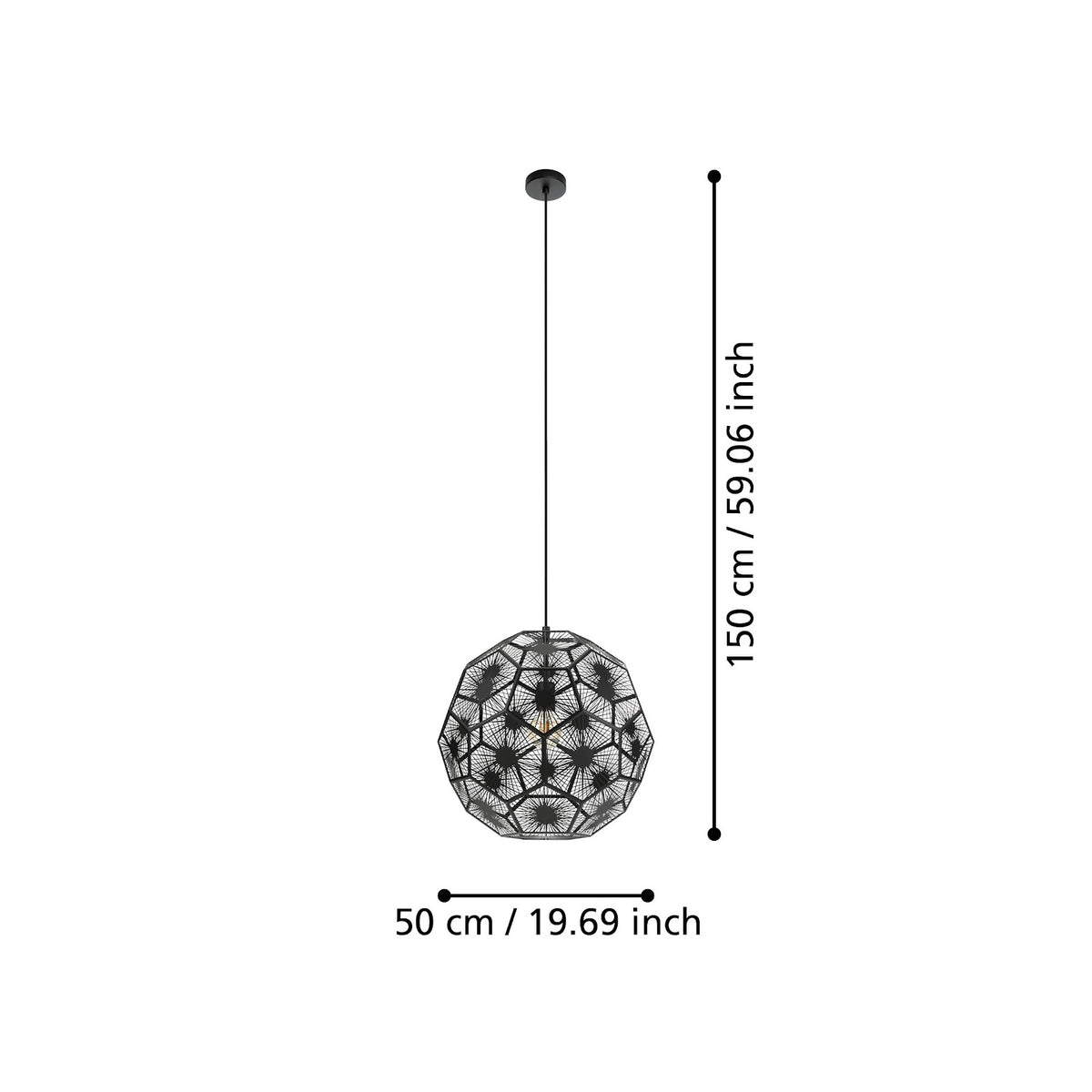 Diagrama de dimensiones de la lámpara colgante Ébano: 150 cm de altura y 50 cm de diámetro