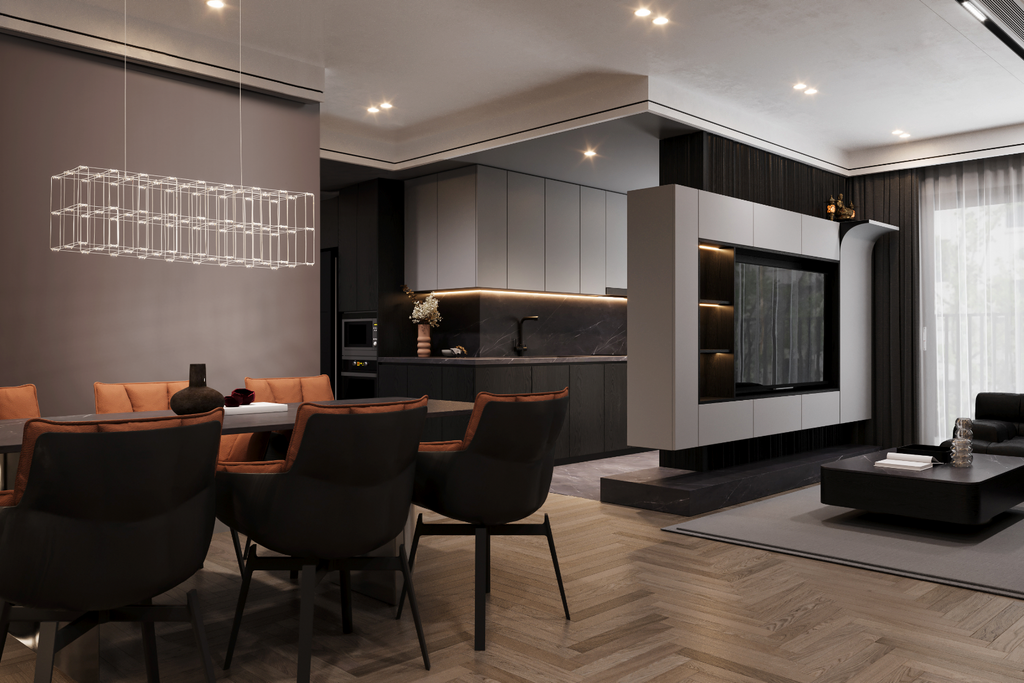 Lámpara colgante Trama sobre mesa de comedor en espacio integrado con sala y cocina
