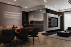 Lámpara colgante Trama sobre mesa de comedor en espacio integrado con sala y cocina