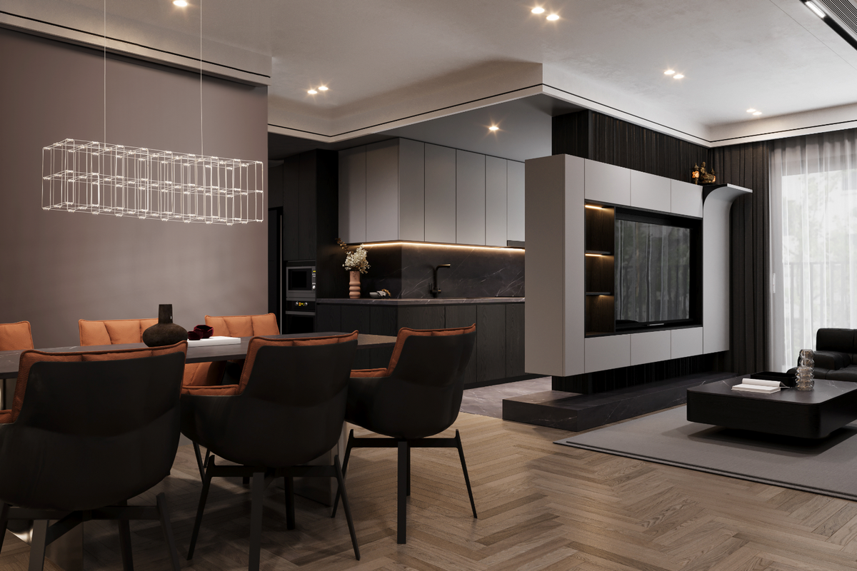 Lámpara colgante Trama sobre mesa de comedor en espacio integrado con sala y cocina