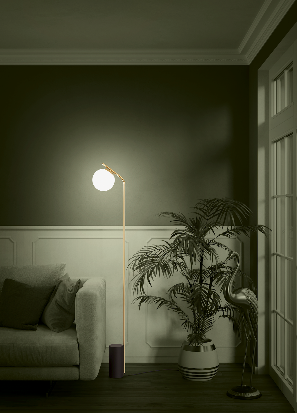 Cala lámpara de pie encendida junto a un sillón en sala