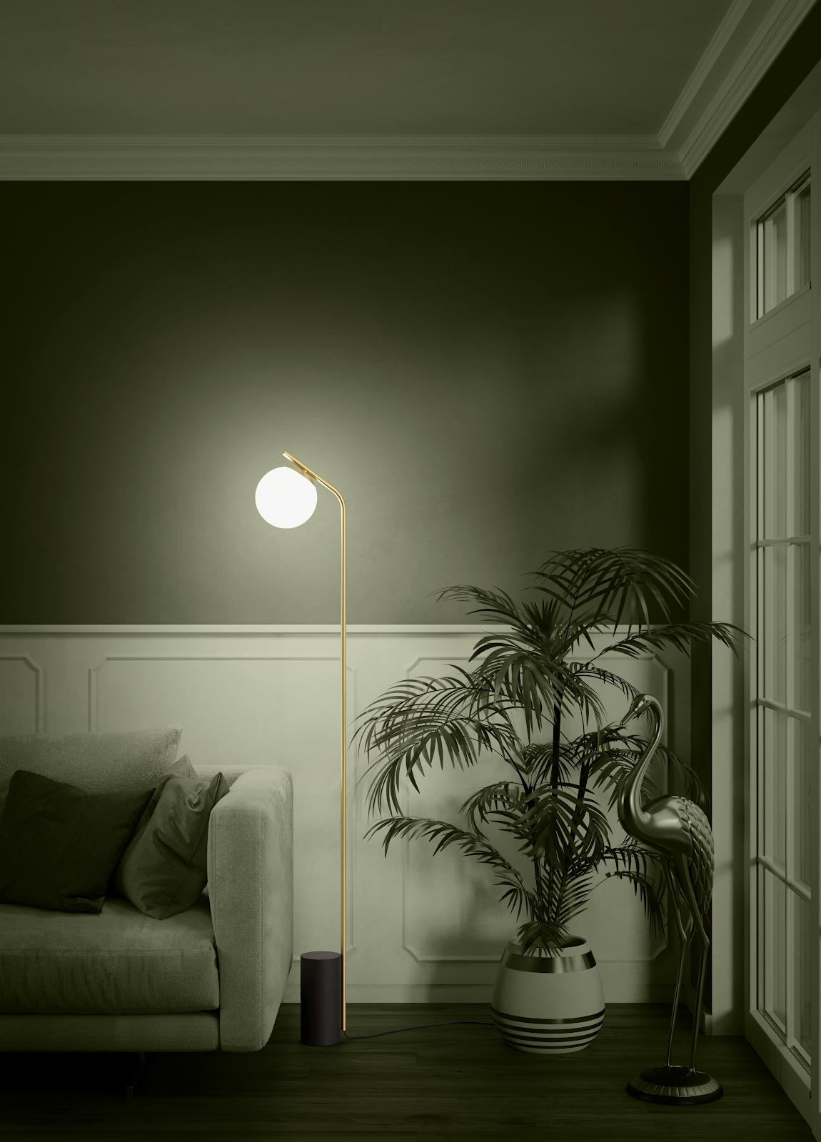 Cala lámpara de pie encendida junto a un sillón en sala