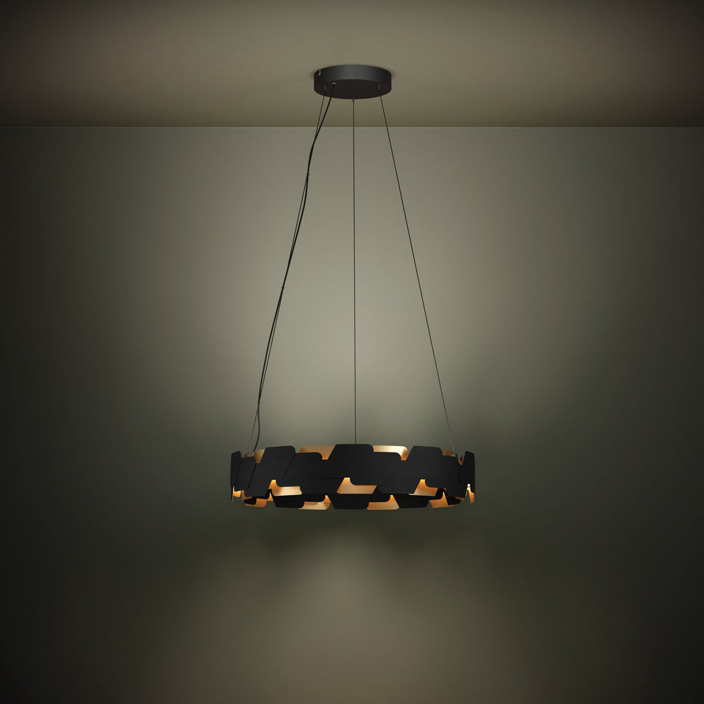 Lámpara colgante Auria circular, ambiente iluminado