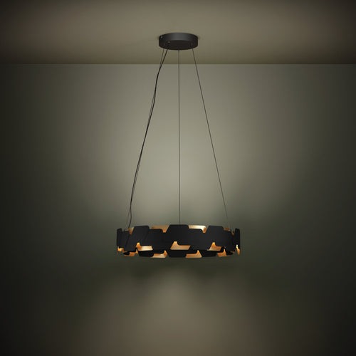 Lámpara colgante Auria circular, ambiente iluminado
