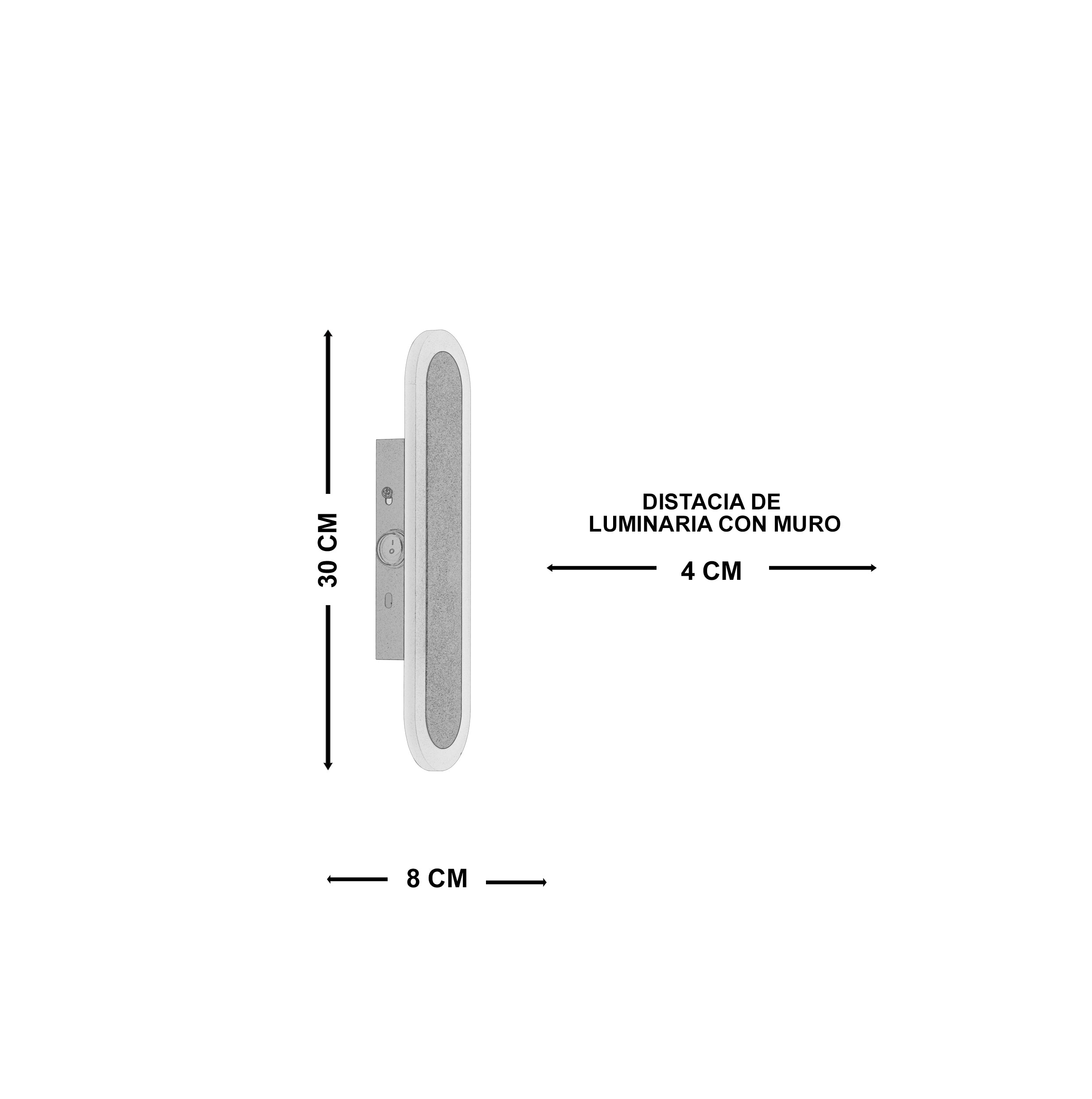 Arbotante de pared Azabache, diagrama de dimensiones del tamaño Chico: 30 cm de altura, 8 cm de ancho, 4 cm de distancia al muro