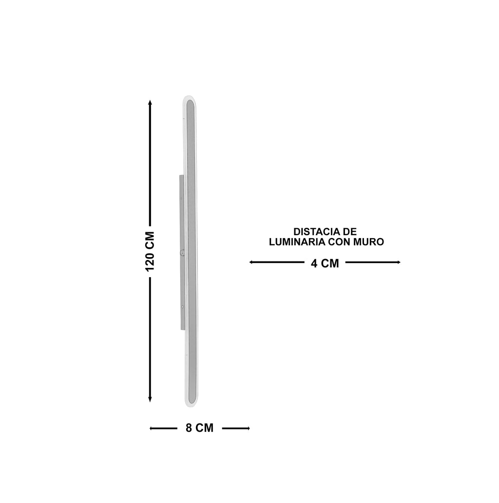 Arbotante de pared Azabache, diagrama de dimensiones del tamaño Grande: 120 cm de altura, 8 cm de ancho, 4 cm de distancia al muro