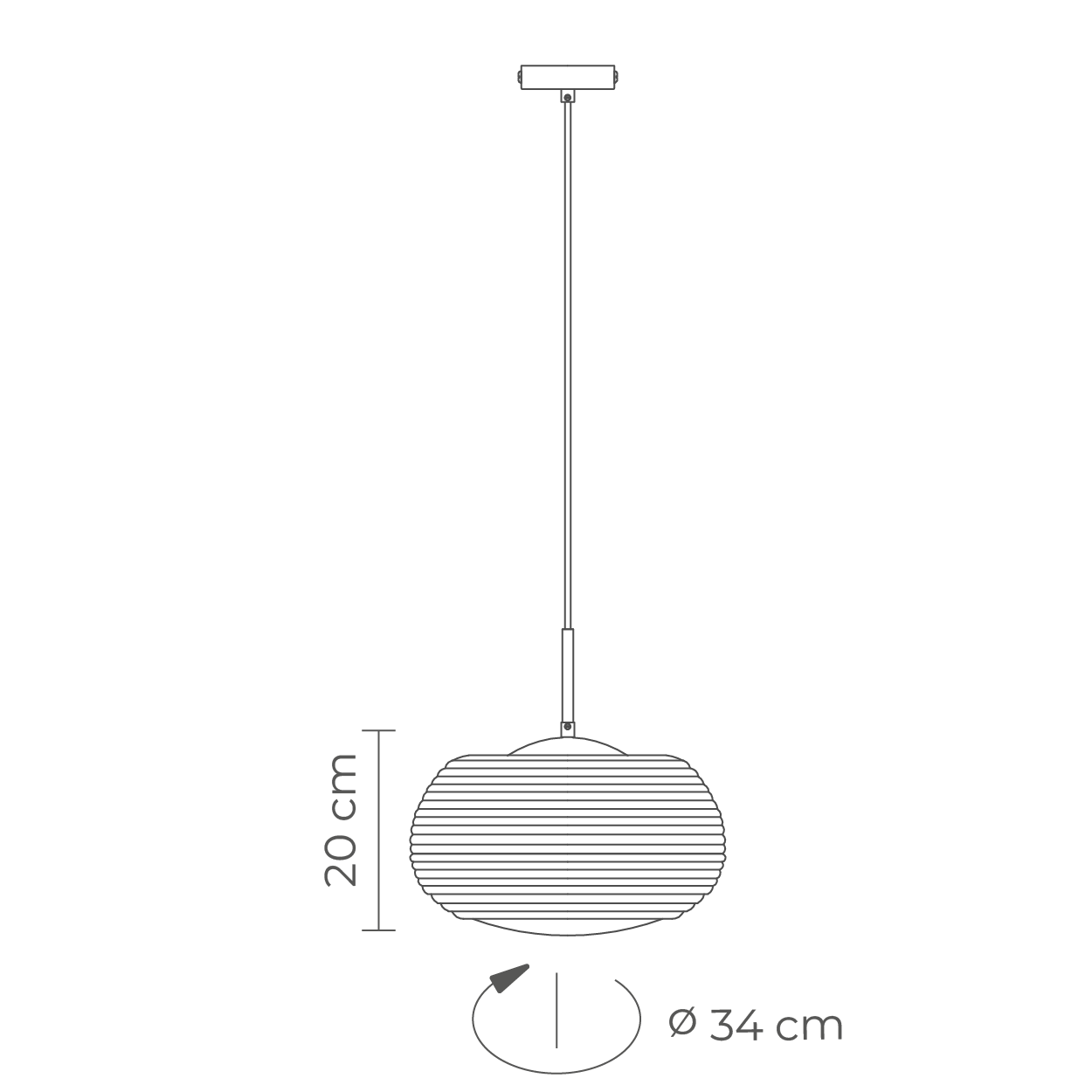 Lámpara colgante Marfil, diagrama de dimensiones: 20 cm de altura y 34 cm de diámetro