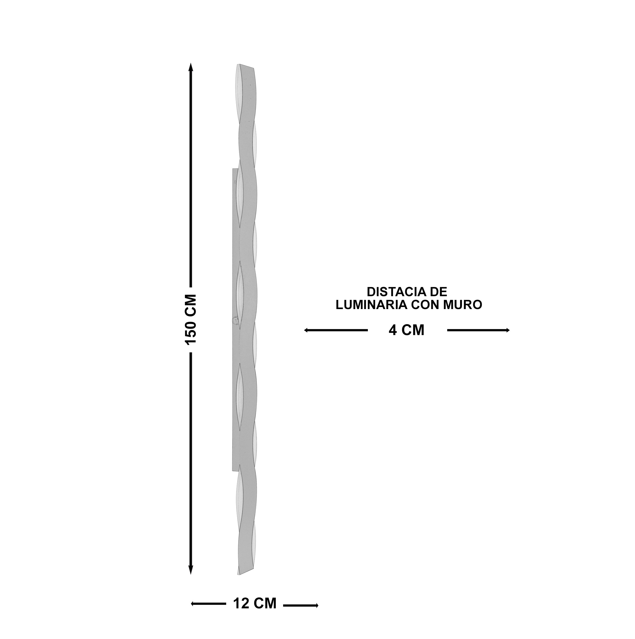 Arbotante de pared Marea, diagrama de dimensiones del tamaño Grande: 150 cm de altura, 12 cm de ancho, 4 cm de distancia al muro