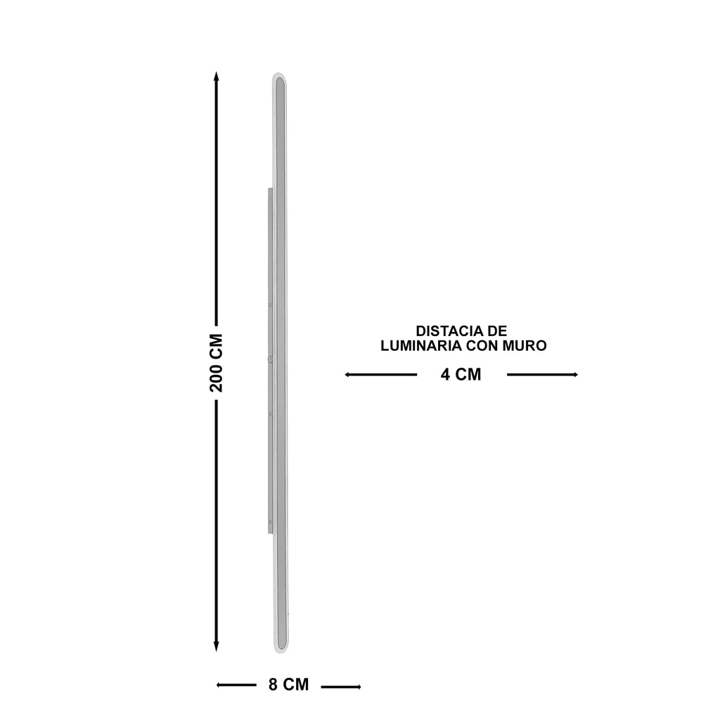 Arbotante de pared Azabache, diagrama de dimensiones del tamaño Extra Grande: 200 cm de altura, 8 cm de ancho, 4 cm de distancia al muro