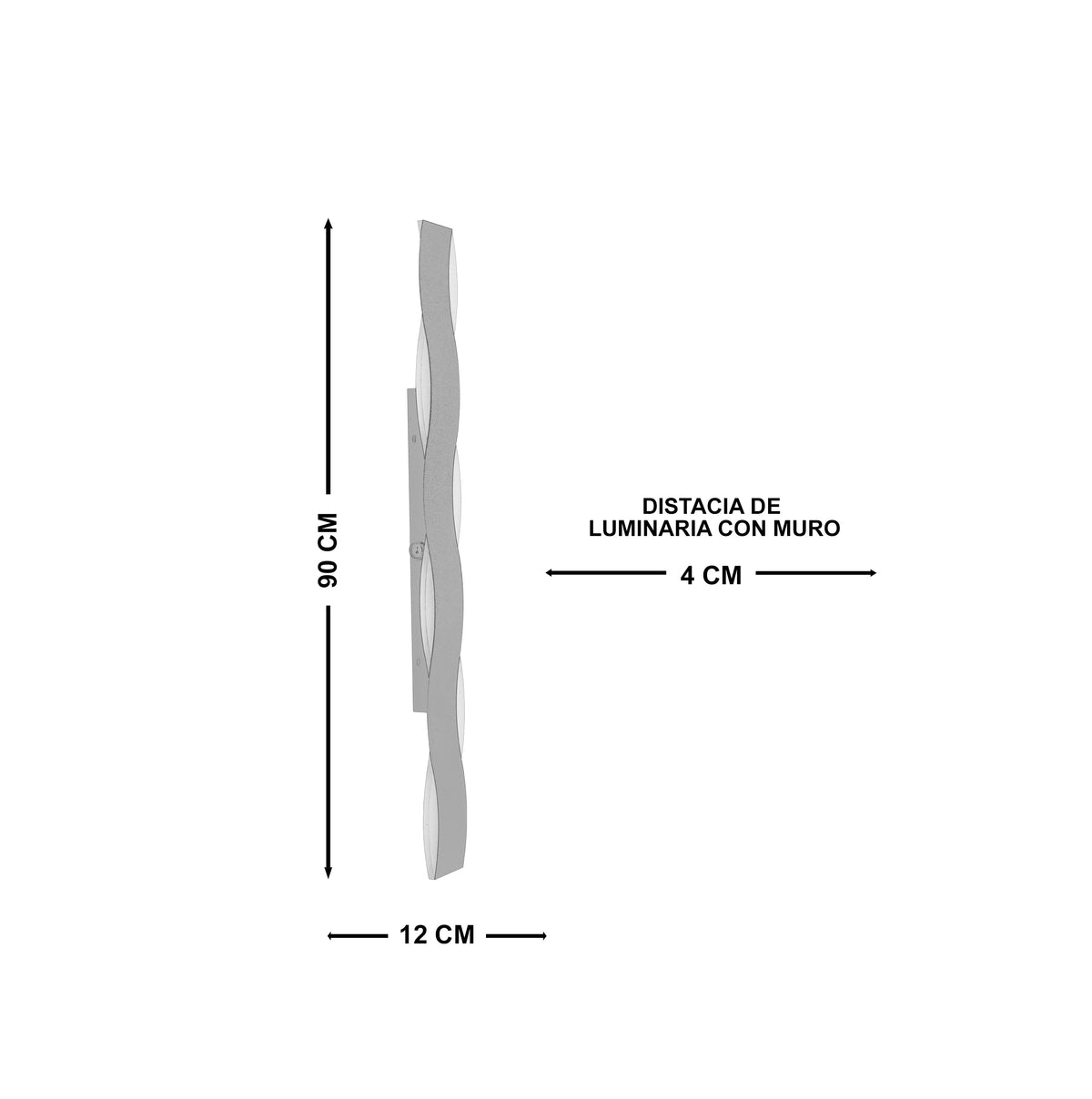 Arbotante de pared Marea, diagrama de dimensiones del tamaño Mediano: 90 cm de altura, 12 cm de ancho, 4 cm de distancia al muro
