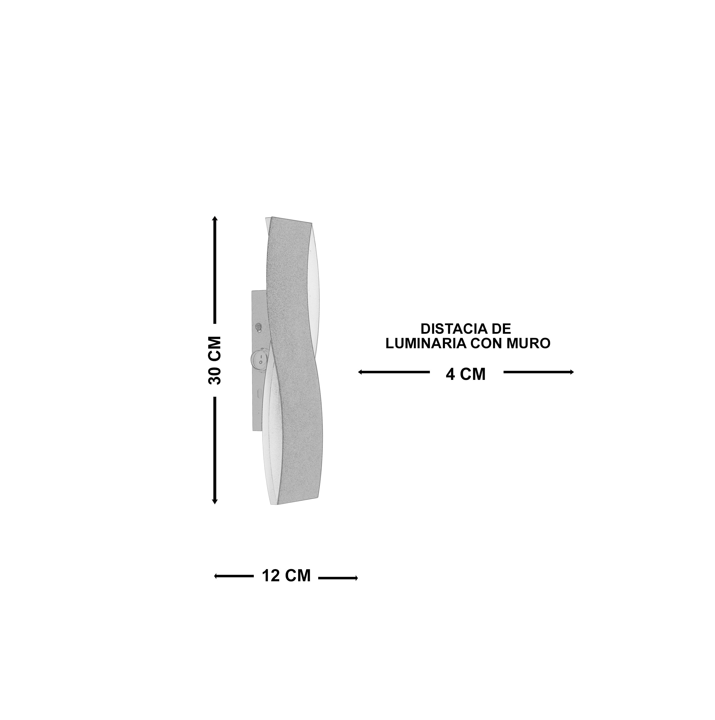 Arbotante de pared Marea, diagrama de dimensiones del tamaño Chico: 30 cm de altura, 12 cm de ancho, 4 cm de distancia al muro