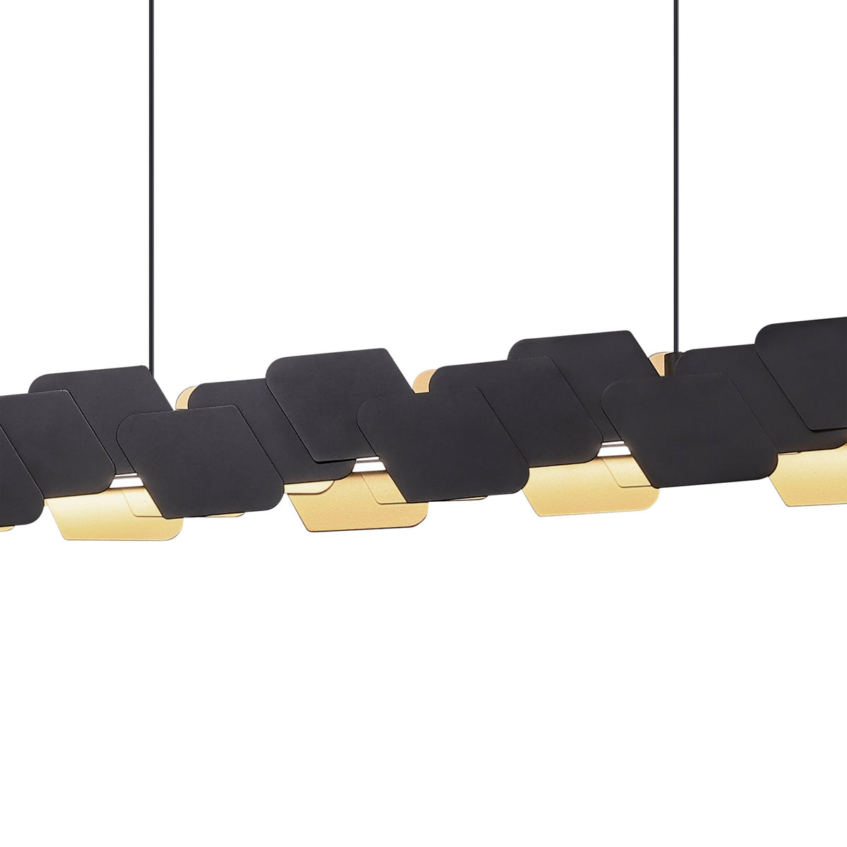 Lámpara colgante Auria lineal, detalle de acabado en negro y dorado