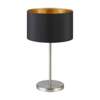 Obsidiana lámpara de mesa vista frontal, pantalla negra con interior dorado