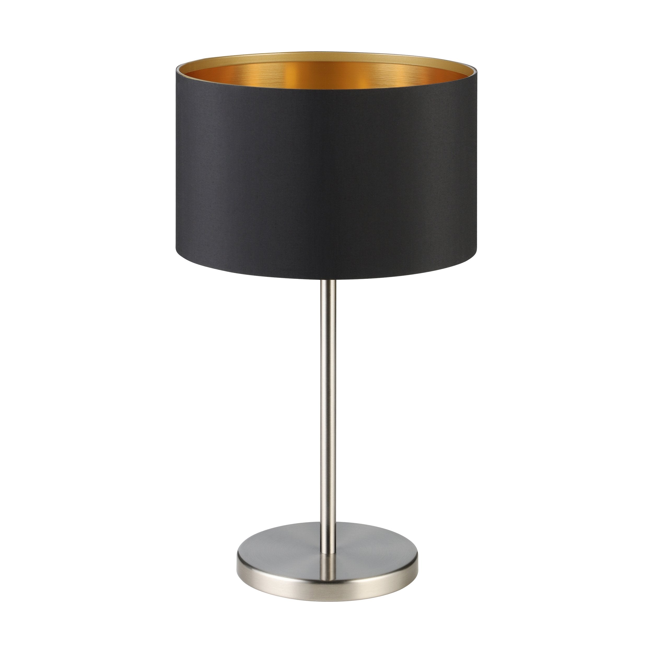 Obsidiana lámpara de mesa vista frontal, pantalla negra con interior dorado