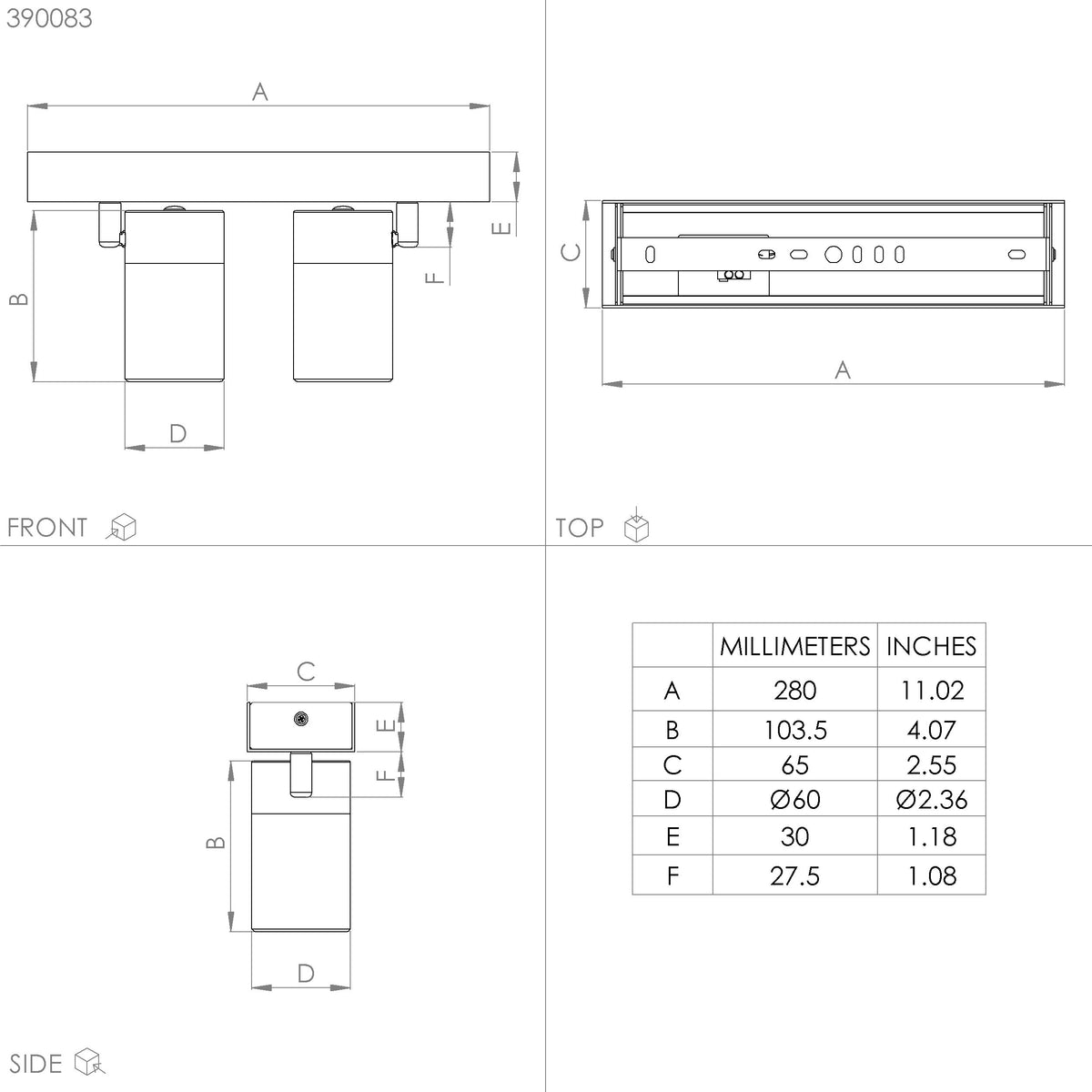 Spot Aureo de 2 luces, diagrama de medidas