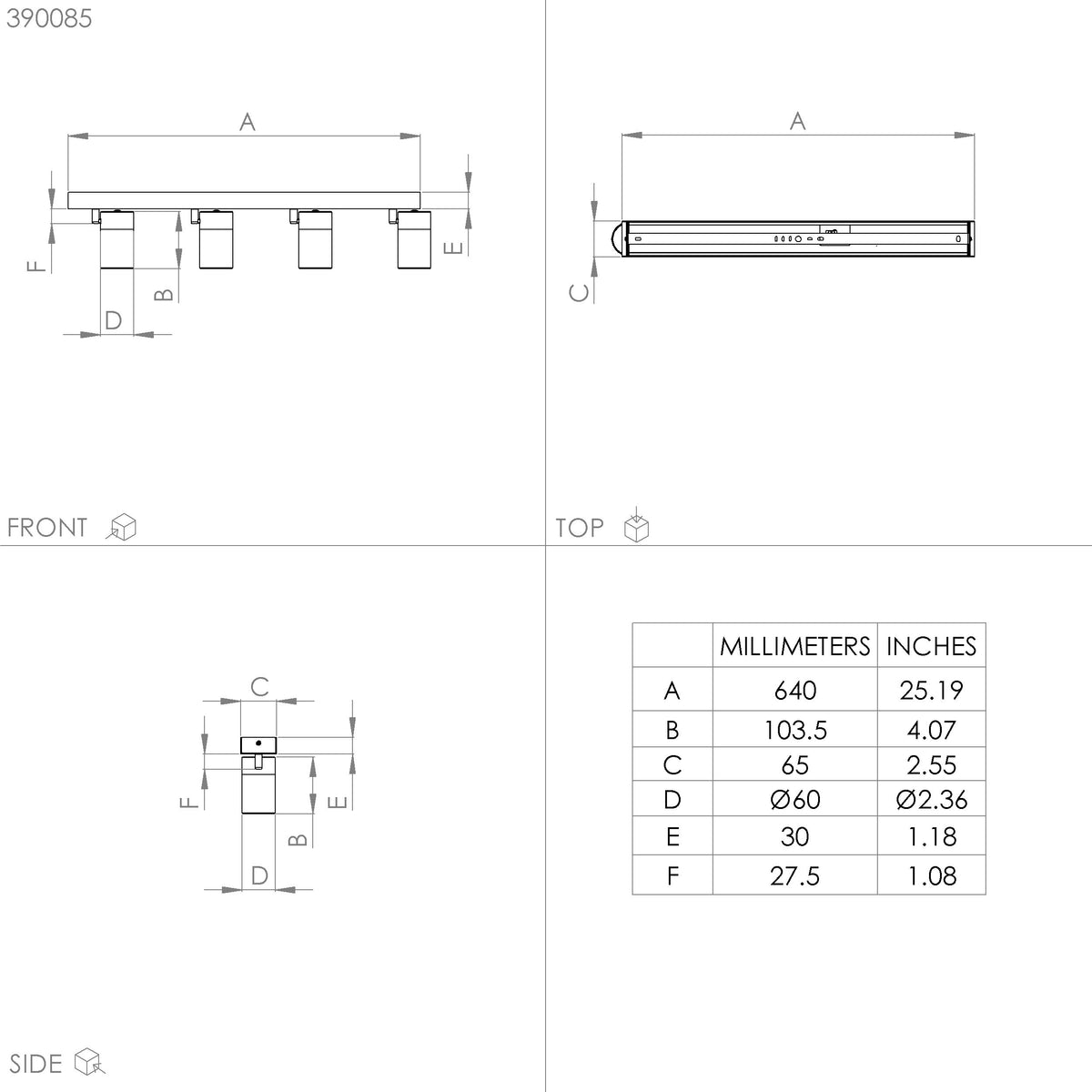 Spot Aureo de 4 luces - dimensiones