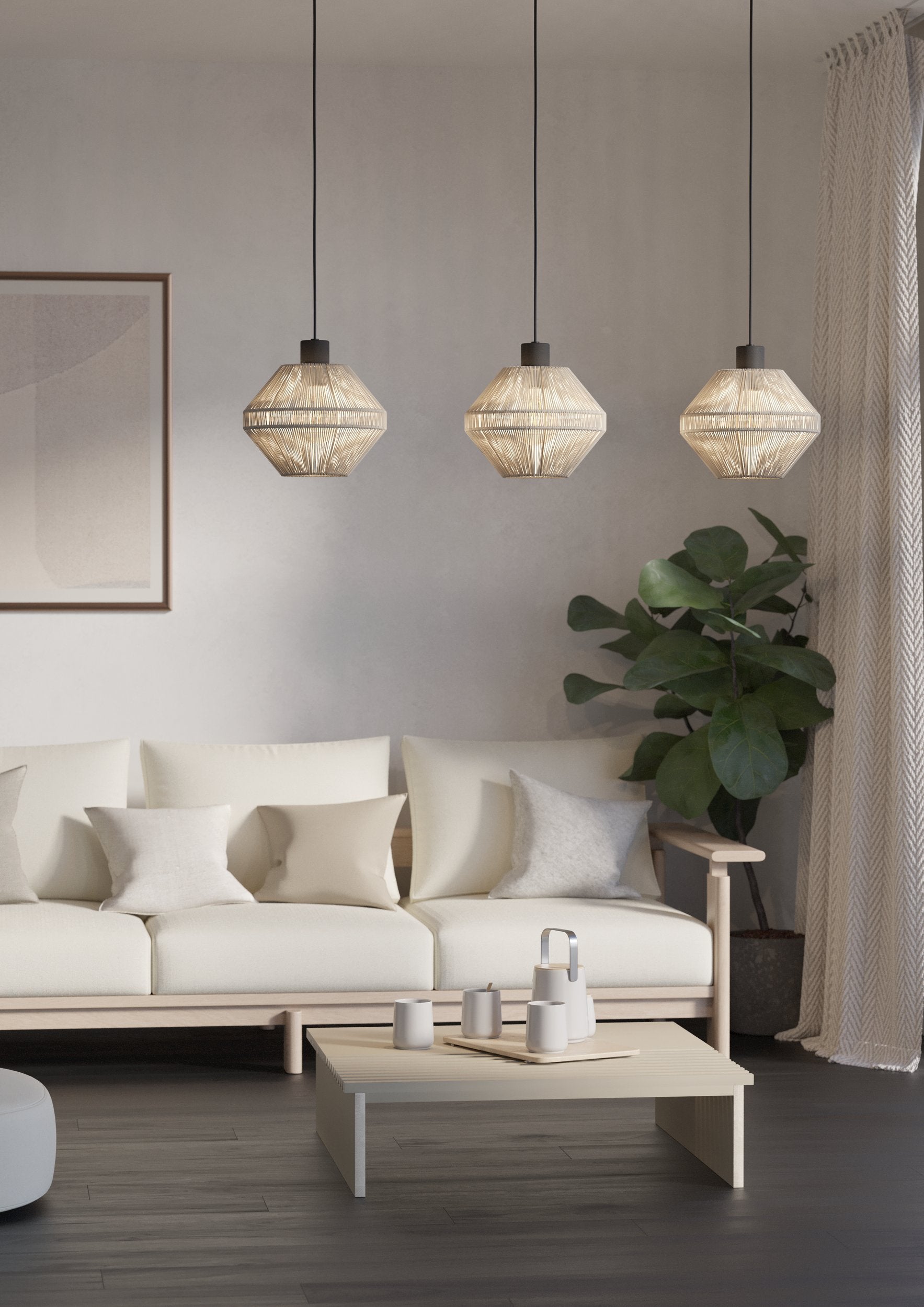 Lámpara colgante Rafia cascada de 3 luces instalada sobre una sala