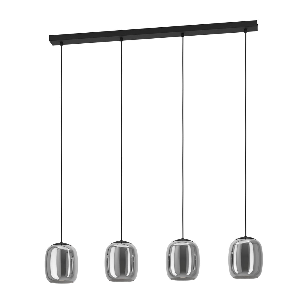 Lámpara colgante Nébula cascada de 4 luces, detalle de globos de vidrio ahumado